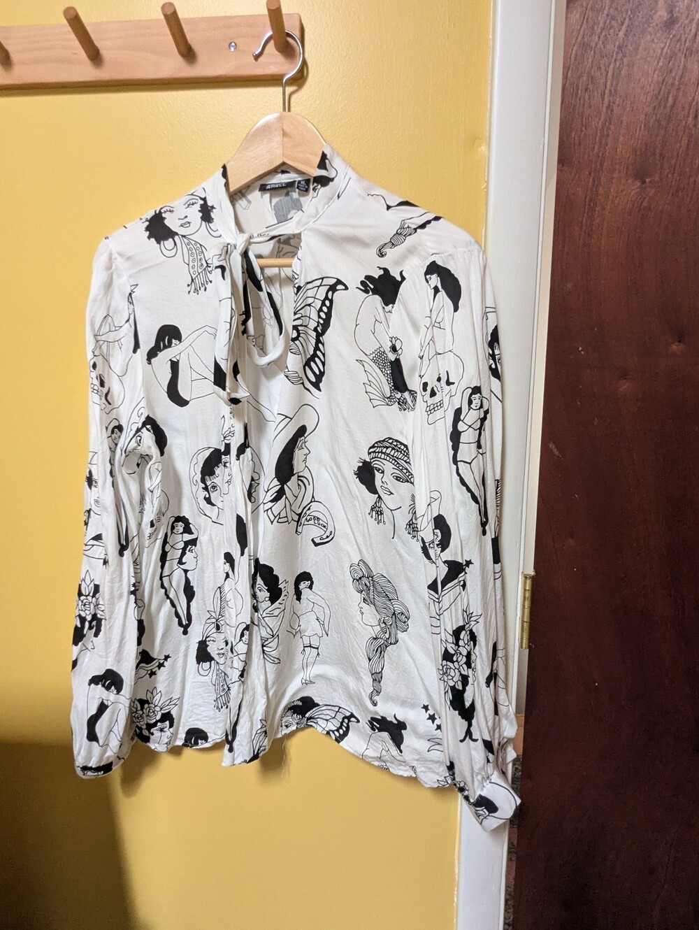 Soft, Flowy, Retro-style Tie-neck Tattoo Blouse